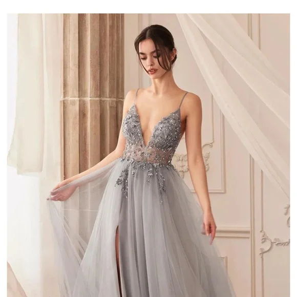 Elegant Silver Embellished Evening Gown - Picture 15 of 16